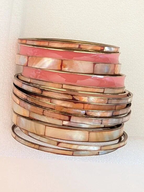 Bundle of orange toned paneled MOP bangles with coordinating enamel bangles - Picture 5 of 8